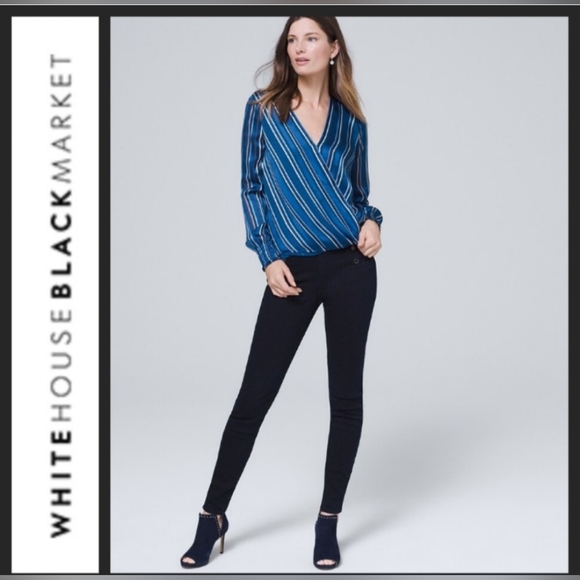 White House Black Market Tops - WHITE HOUSE BLACK MARKET Blue Striped Surplice Blouse- Size M